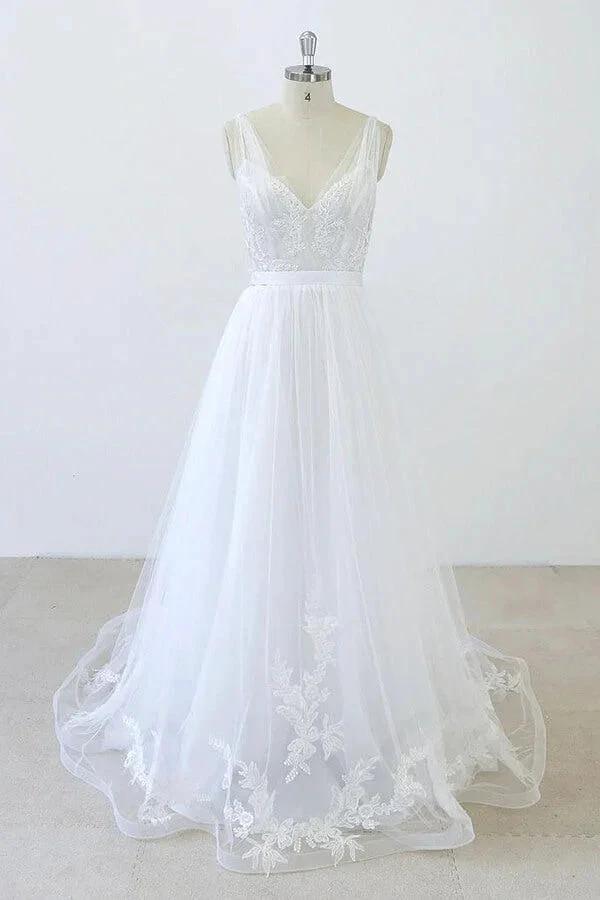 Long A-line V-neck Sweetheart Ruffle Applqiues Tulle Backless Wedding Dress (ZD15787)