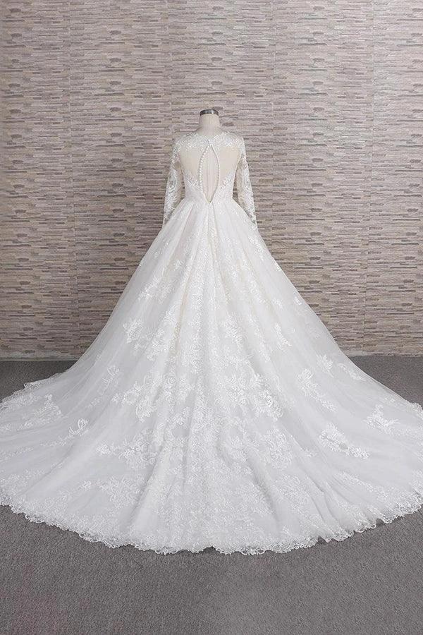 Long A-line V-neck Tulle Appliques Lace Wedding Dress with Sleeves (ZD15805) - View 2 | VelvetHem