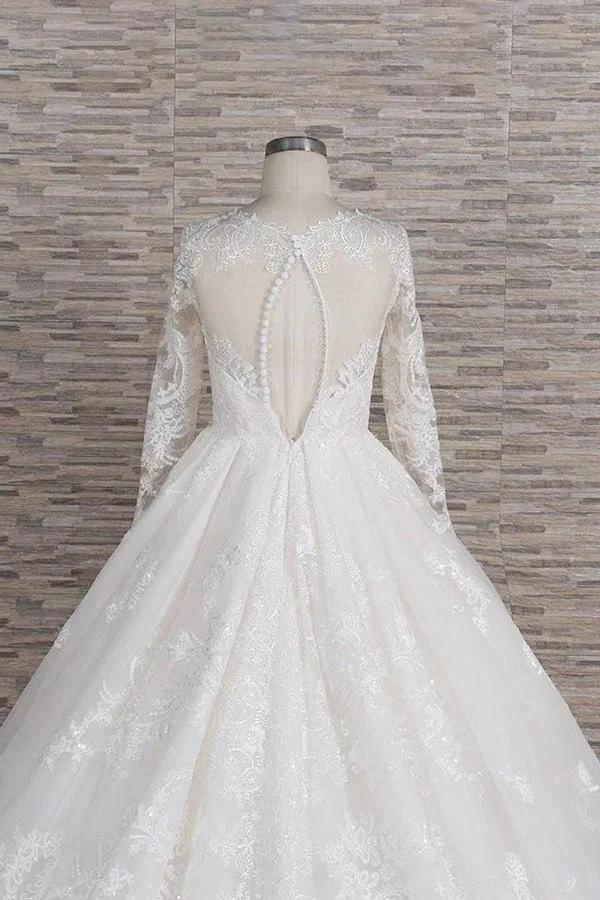 Long A-line V-neck Tulle Appliques Lace Wedding Dress with Sleeves (ZD15805)