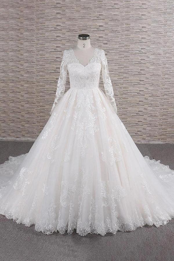 Long A-line V-neck Tulle Appliques Lace Wedding Dress with Sleeves (ZD15805)