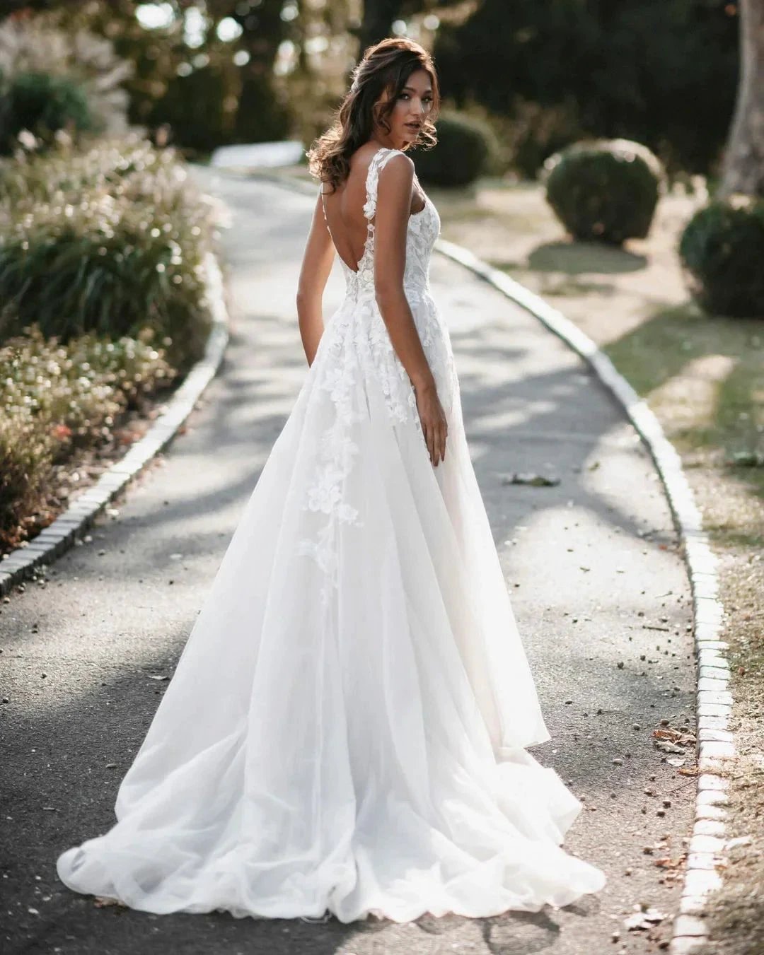Long A-line V-neck Tulle Backless Lace Wedding Dress (ZD15153) - View 2 | VelvetHem