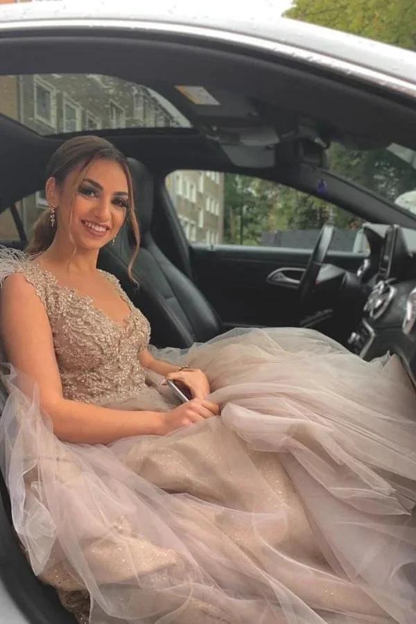 Long A-line V-neck Tulle Lace Wedding Dress with Fur Tulle Sweet Cape (ZD15175) - VelvetHem