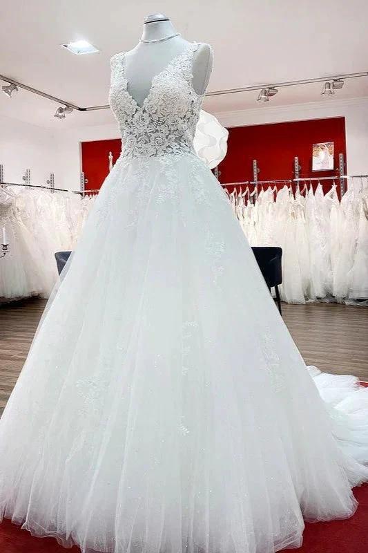 Long A-line V-neck Tulle Lace White Ruffles Wedding Dresses (ZD15259)
