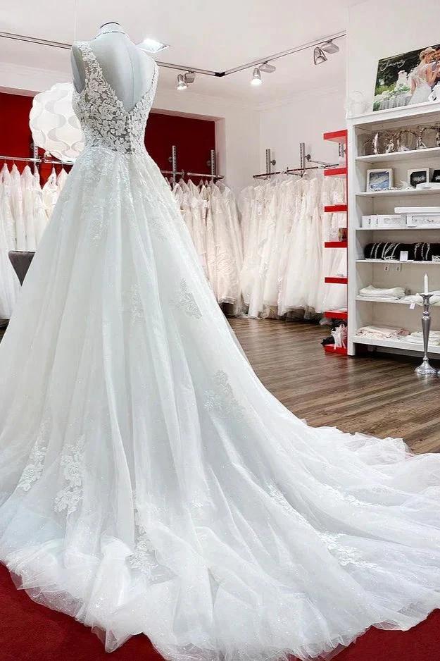 Long A-line V-neck Tulle Lace White Ruffles Wedding Dresses (ZD15259)