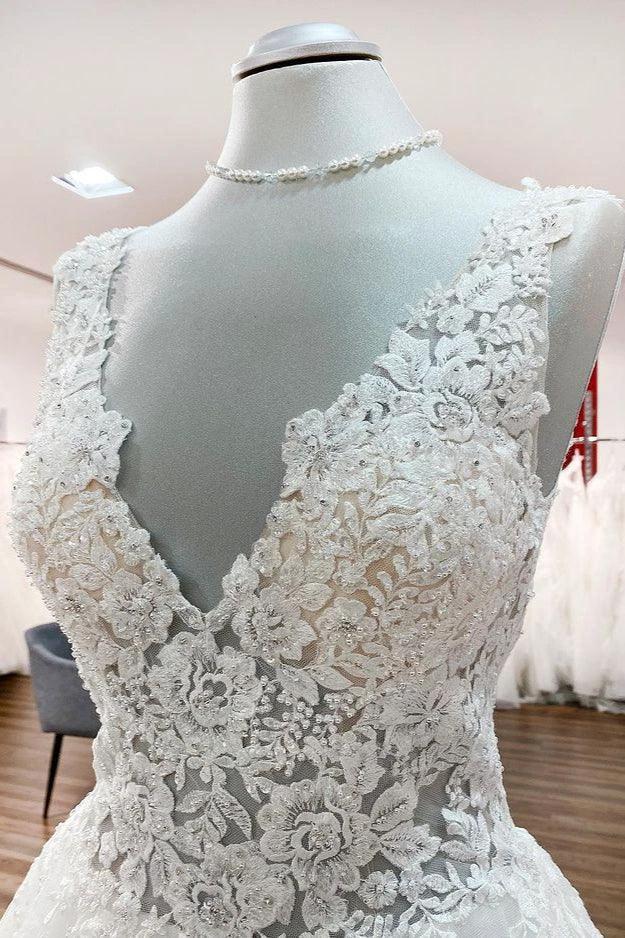 Long A-line V-neck Tulle Lace White Ruffles Wedding Dresses (ZD15259)
