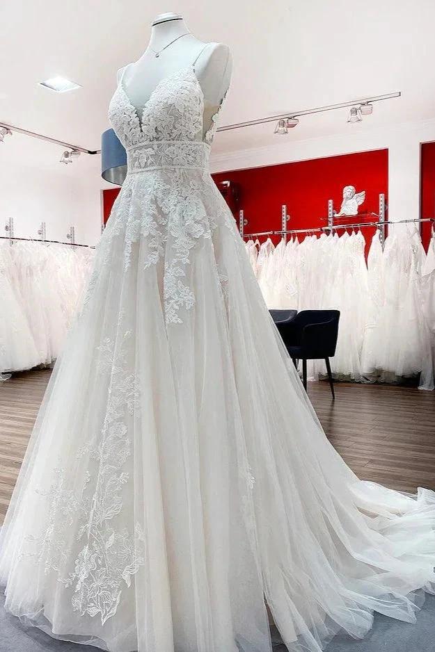 Long A-line V-neck Tulle Sleeveless Appliques Lace Backless Wedding Dress (ZD15244)