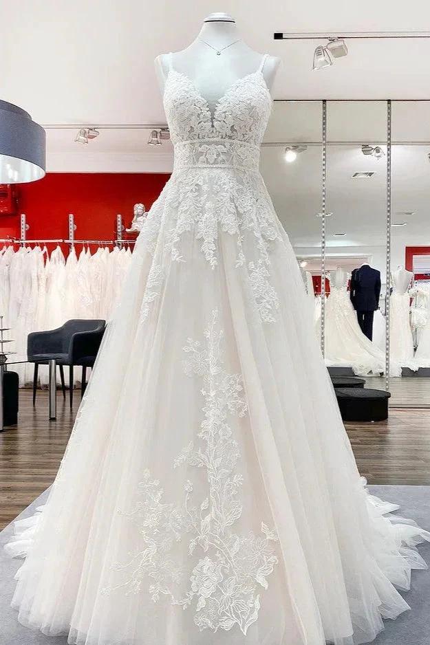 Long A-line V-neck Tulle Sleeveless Appliques Lace Backless Wedding Dress (ZD15244)