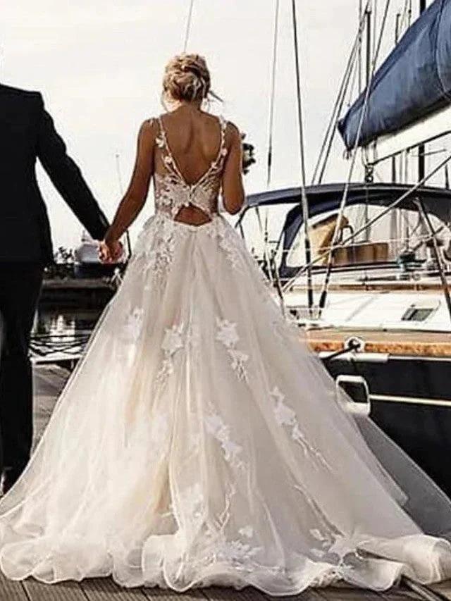 Long A-Line V Neck Tulle Spaghetti Strap Backless Wedding Dresses (ZD15968)