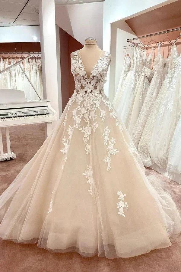 Long A-Line V-neck Wide Straps Backless Appliques Lace Tulle Wedding Dress (ZD15082)