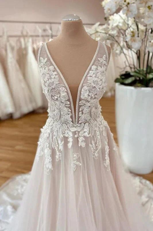 Long A-Line Wide Straps Tulle Floral Lace Wedding Dress (ZD15218)
