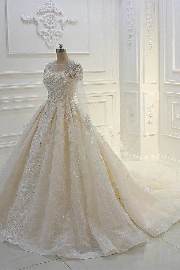 Long Ball Gown Beading Bateau Appliques Lace Wedding Dress with Sleeves (ZD15184)