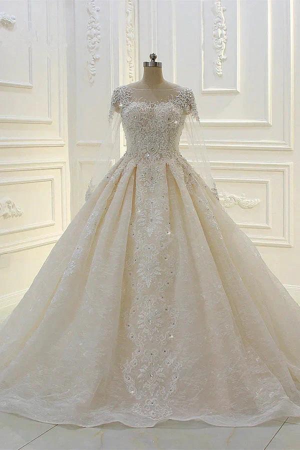 Long Ball Gown Beading Bateau Appliques Lace Wedding Dress with Sleeves (ZD15184)