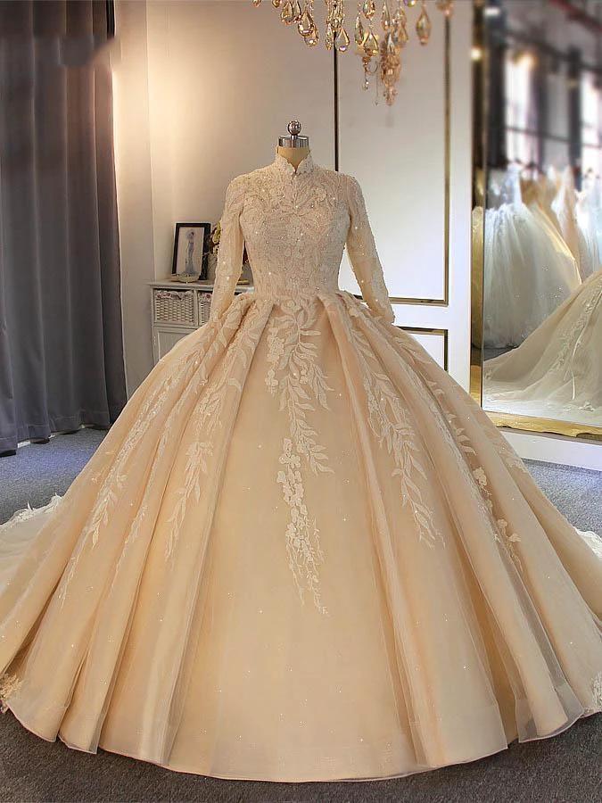 Long Ball Gown High Neck Tulle Lace Wedding Dresses with Sleeves (ZD15873) - VelvetHem
