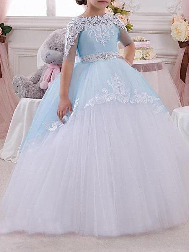 Long Ball Gown Jewel Neck Tulle Lace Pageant Flower Girl Dresses with Sleeves - View 2 | VelvetHem