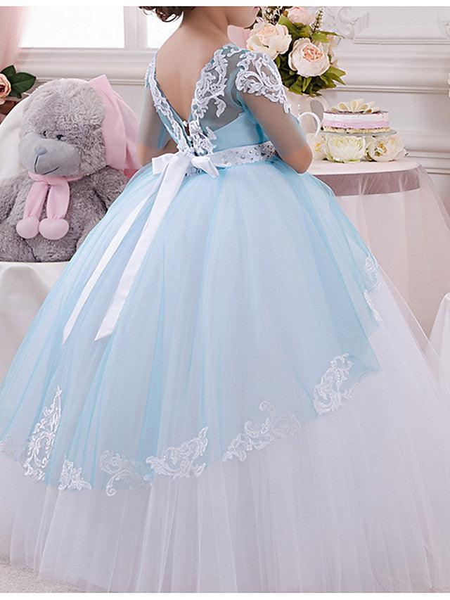 Long Ball Gown Jewel Neck Tulle Lace Pageant Flower Girl Dresses with Sleeves - View 3 | VelvetHem