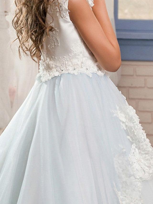 Long Ball Gown Jewel Neck Wedding Event Party Flower Girl Dresses With Lace Appliques - View 4 | VelvetHem