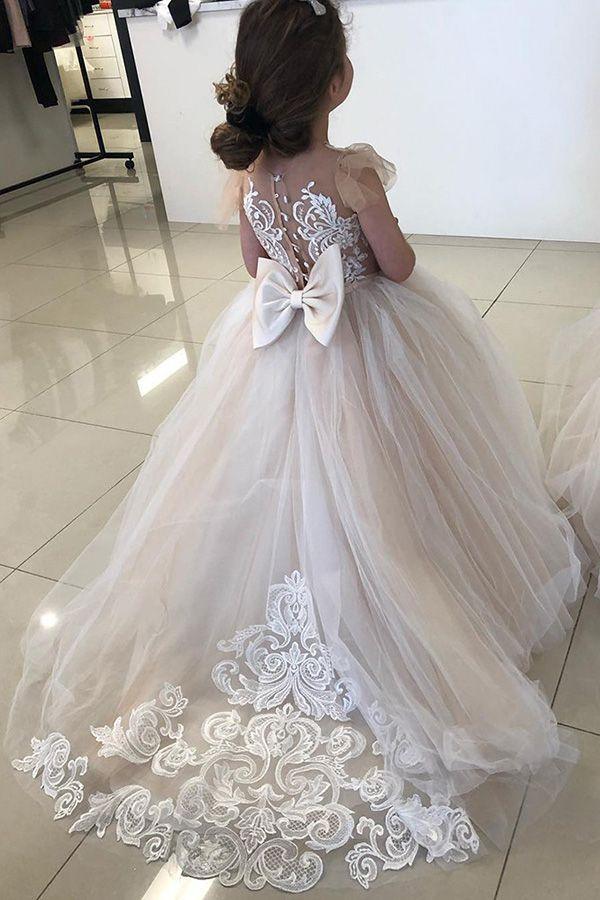 Long Ball Gown Lace Appliques Tulle Flower Girl Dresses - View 2 | VelvetHem