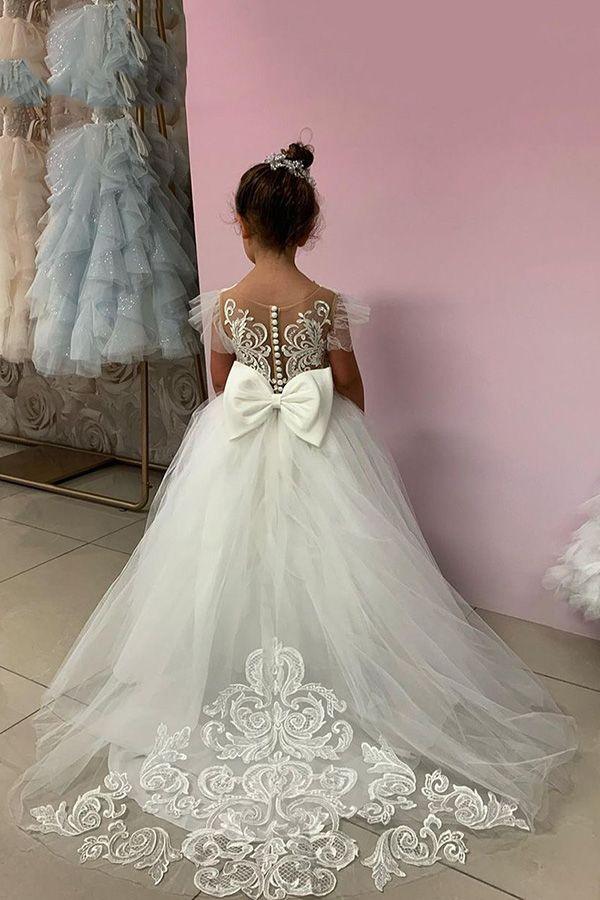 Long Ball Gown Lace Appliques Tulle Flower Girl Dresses - View 4 | VelvetHem