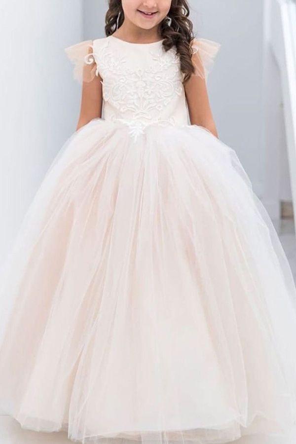 Long Ball Gown Lace Appliques Tulle Flower Girl Dresses - View 5 | VelvetHem