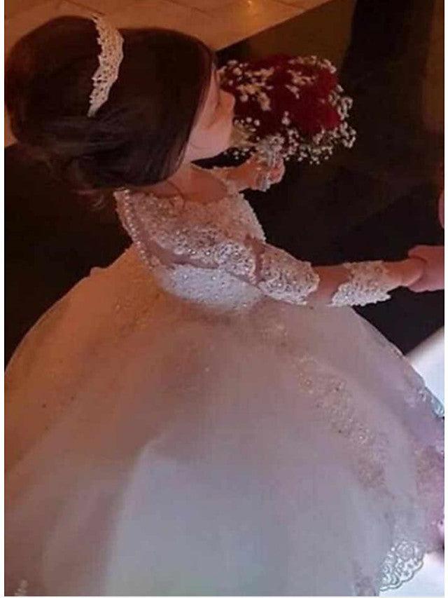 Long Ball Gown Lace Jewel Neck Wedding Flower Girl Dresses with Sleeves - View 3 | VelvetHem