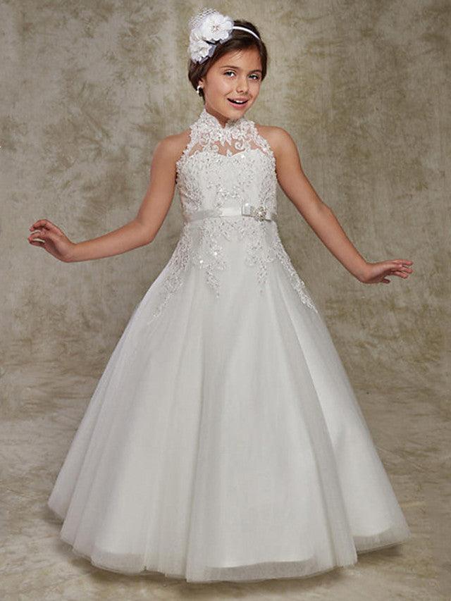 Long Ball Gown Lace Sleeveless High Neck Wedding Party Flower Girl Dresses With Beading Appliques - VelvetHem