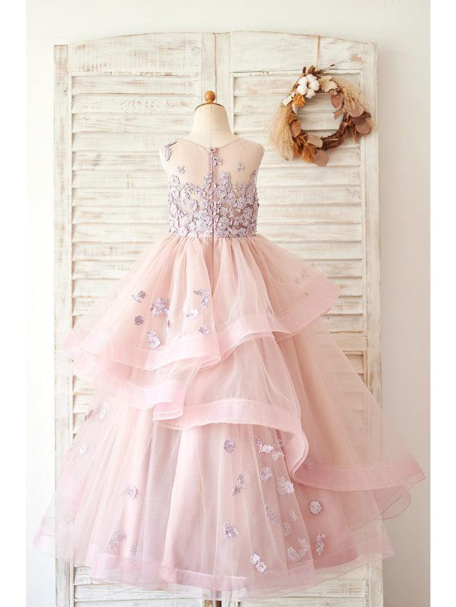 Long Ball Gown Lace Tulle Sleeveless Jewel Neck Wedding Birthday Flower Girl Dresses - View 2 | VelvetHem