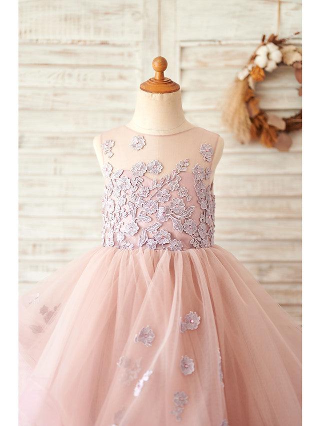 Long Ball Gown Lace Tulle Sleeveless Jewel Neck Wedding Birthday Flower Girl Dresses - View 3 | VelvetHem