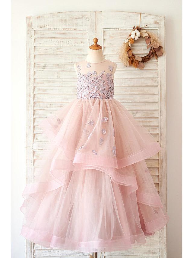 Long Ball Gown Lace Tulle Sleeveless Jewel Neck Wedding Birthday Flower Girl Dresses - VelvetHem