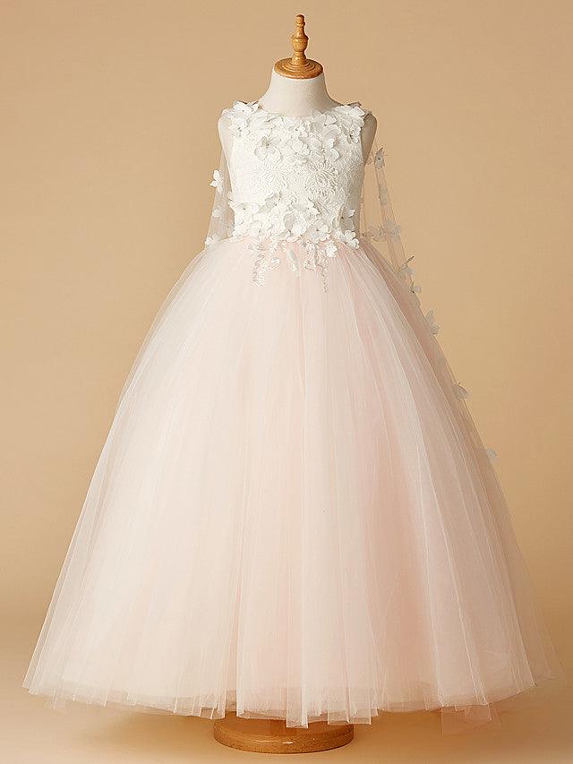 Long Ball Gown Lace Tulle Wedding Party Pageant Flower Girl Dresses - VelvetHem