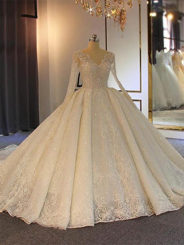 Long Ball Gown Lace-Up Sparkling V-Neck Wedding Dresses with Sleeves (ZD14394) - VelvetHem