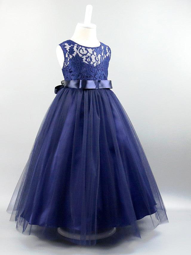 Long Ball Gown Satin Jewel Neck Wedding First Communion Pageant Flower Girl Dresses - View 12 | VelvetHem