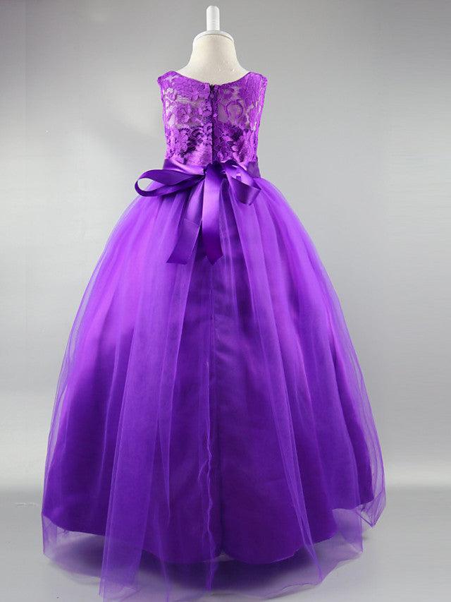 Long Ball Gown Satin Jewel Neck Wedding First Communion Pageant Flower Girl Dresses - View 13 | VelvetHem