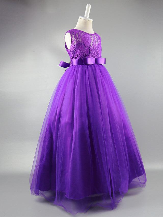 Long Ball Gown Satin Jewel Neck Wedding First Communion Pageant Flower Girl Dresses - View 15 | VelvetHem
