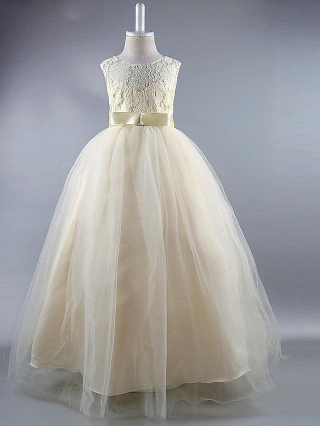 Long Ball Gown Satin Jewel Neck Wedding First Communion Pageant Flower Girl Dresses - View 2 | VelvetHem