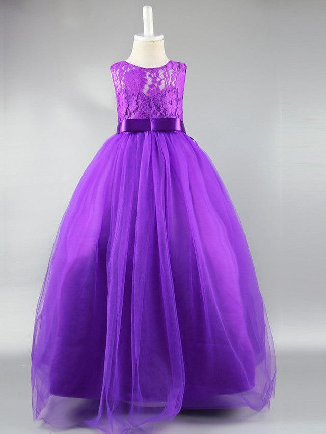Long Ball Gown Satin Jewel Neck Wedding First Communion Pageant Flower Girl Dresses - View 3 | VelvetHem