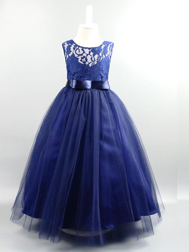 Long Ball Gown Satin Jewel Neck Wedding First Communion Pageant Flower Girl Dresses - View 4 | VelvetHem