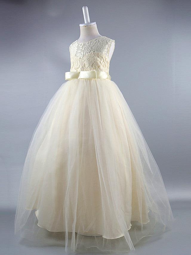 Long Ball Gown Satin Jewel Neck Wedding First Communion Pageant Flower Girl Dresses - View 6 | VelvetHem