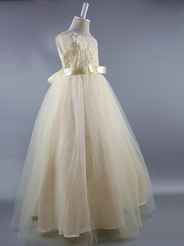 Long Ball Gown Satin Jewel Neck Wedding First Communion Pageant Flower Girl Dresses - View 7 | VelvetHem