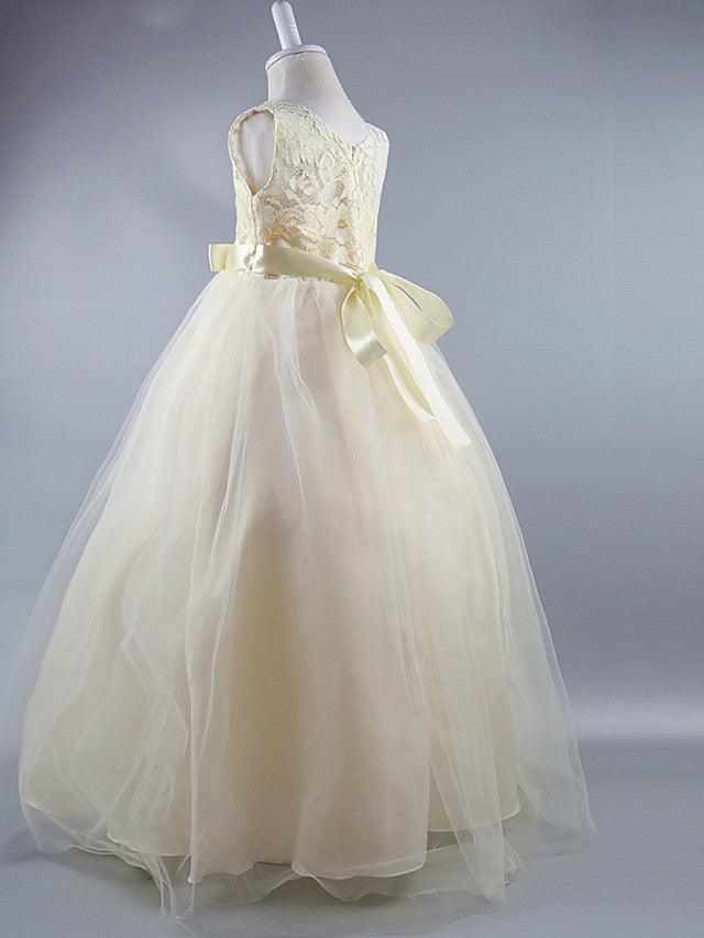 Long Ball Gown Satin Jewel Neck Wedding First Communion Pageant Flower Girl Dresses - View 8 | VelvetHem
