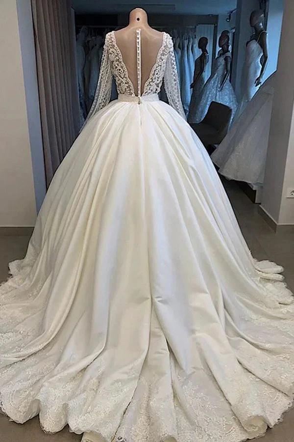 Long Ball Gown Satin V-neck Wedding Dress with Sleeves (ZD15792) - View 2 | VelvetHem