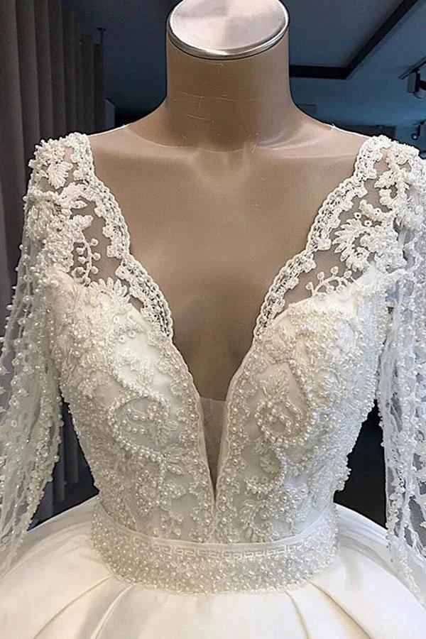 Long Ball Gown Satin V-neck Wedding Dress with Sleeves (ZD15792)
