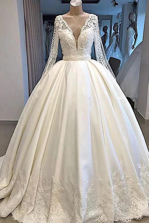 Long Ball Gown Satin V-neck Wedding Dress with Sleeves (ZD15792)