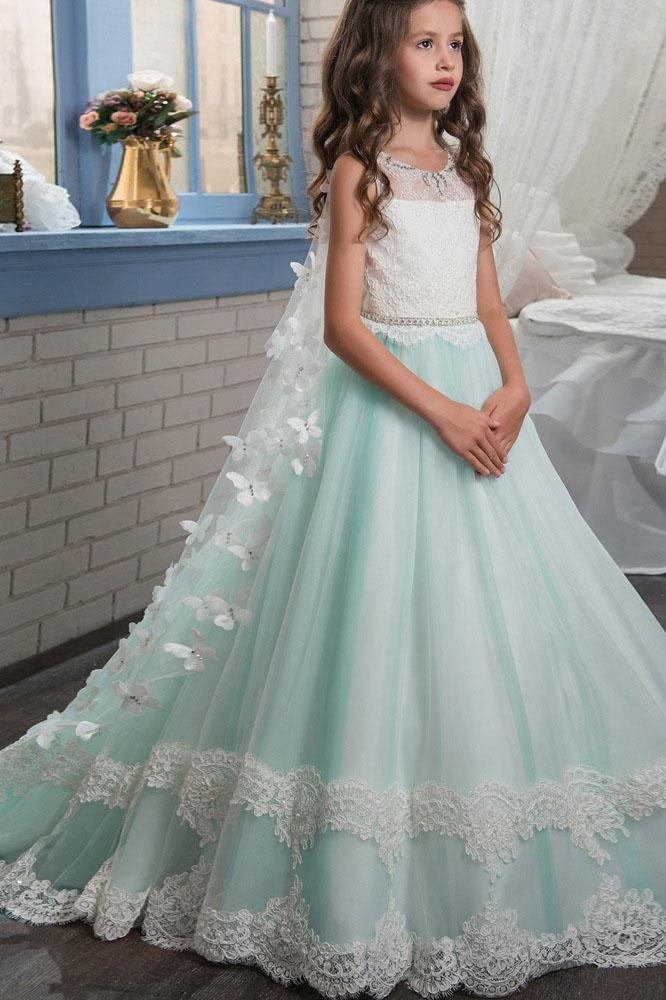 Long Ball Gown Scoop Neck Sleeveless Lace Flower Girl Dresses - VelvetHem