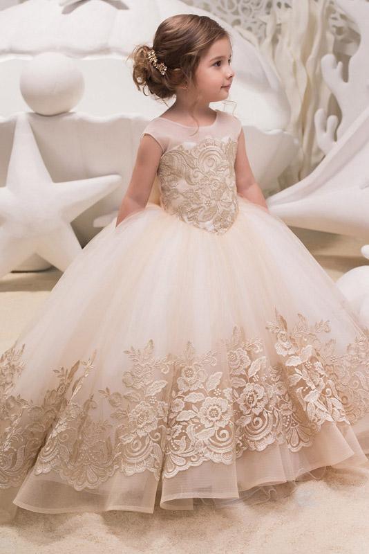 Long Ball Gown Scoop Neck Sleeveless Lace Flower Girl Dresses - VelvetHem
