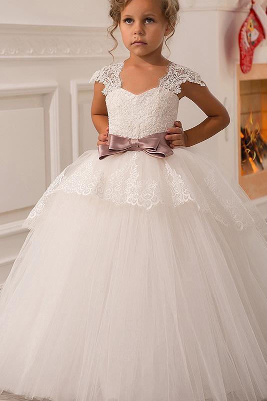 Long Ball Gown Square Neck Tulle Lace Flower Girl Dresses with Cap Sleeves - VelvetHem