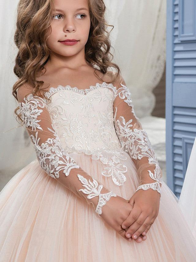 Long Ball Gown Sweep Brush Train Wedding Birthday Pageant Flower Girl Dresses with Sleeves - View 2 | VelvetHem