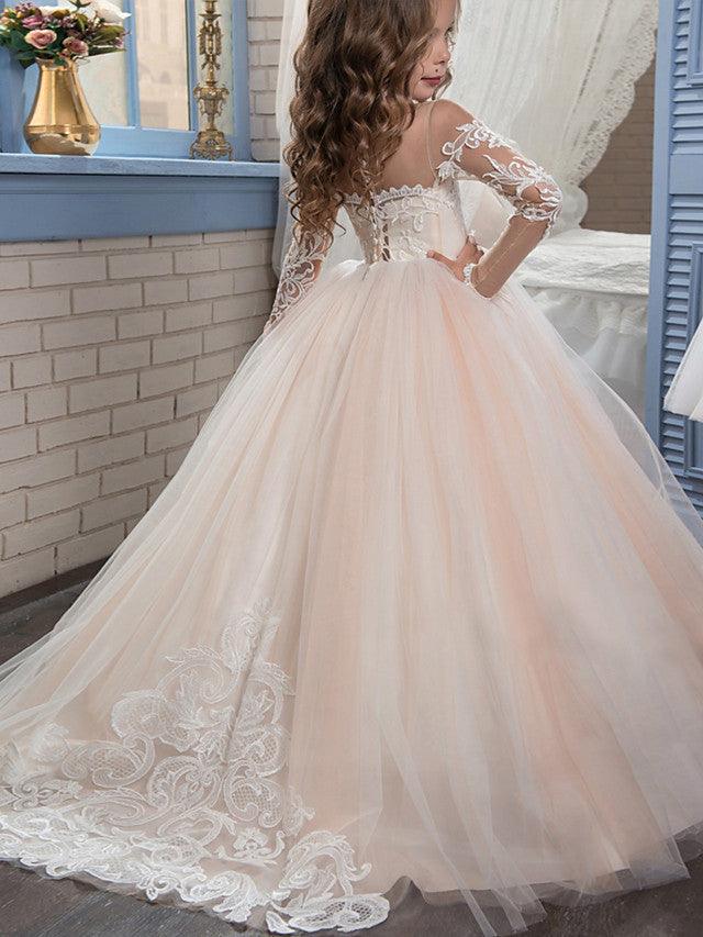 Long Ball Gown Sweep Brush Train Wedding Birthday Pageant Flower Girl Dresses with Sleeves - View 3 | VelvetHem