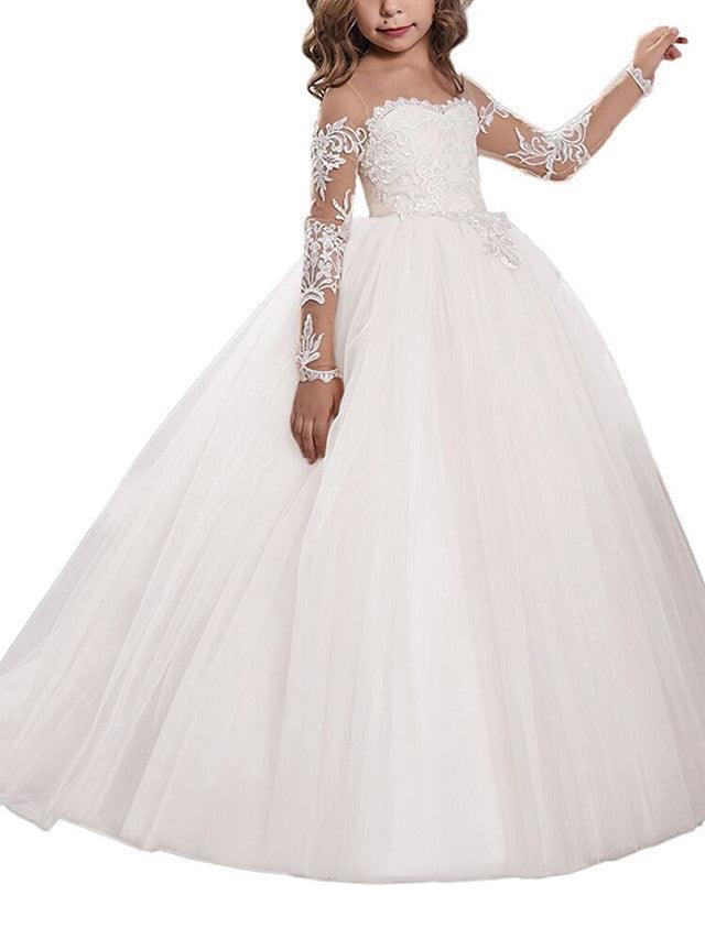 Long Ball Gown Sweep Brush Train Wedding Birthday Pageant Flower Girl Dresses with Sleeves - View 4 | VelvetHem