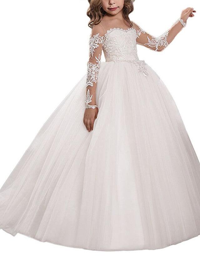 Long Ball Gown Sweep Brush Train Wedding Birthday Pageant Flower Girl Dresses with Sleeves - View 5 | VelvetHem