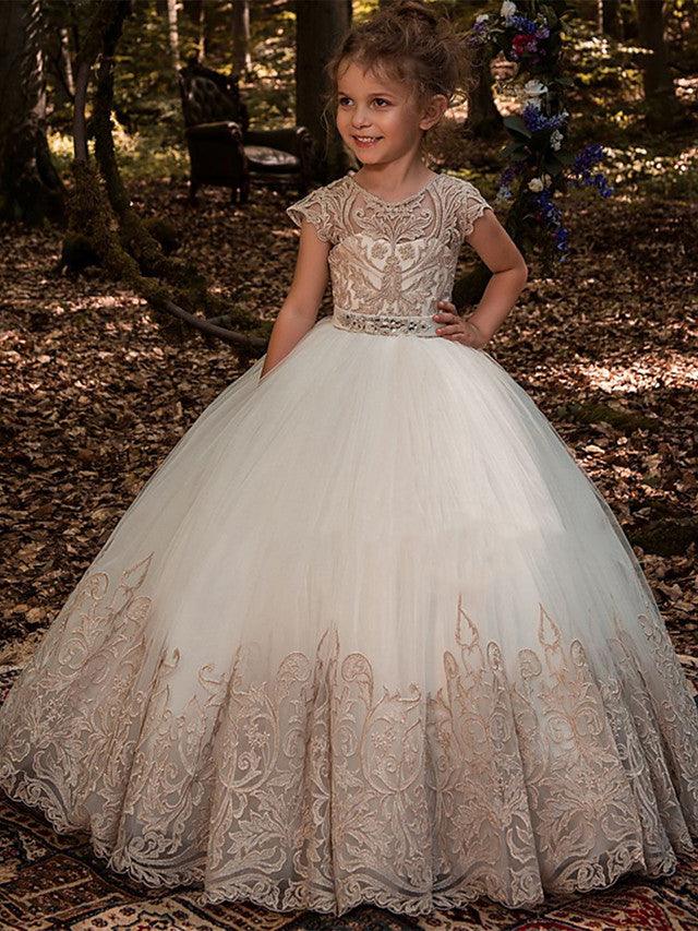 Long Ball Gown Sweep Brush Train Wedding Birthday Pageant Flower Girl Dresses - VelvetHem